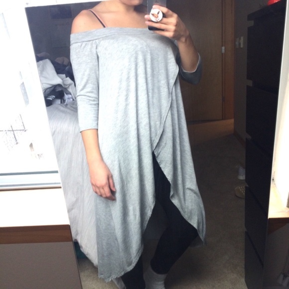 Annabelle Jersey Off The Shoulder Tulip Split Front Tunic In Charcoal Heather - Picture 9 of 9
